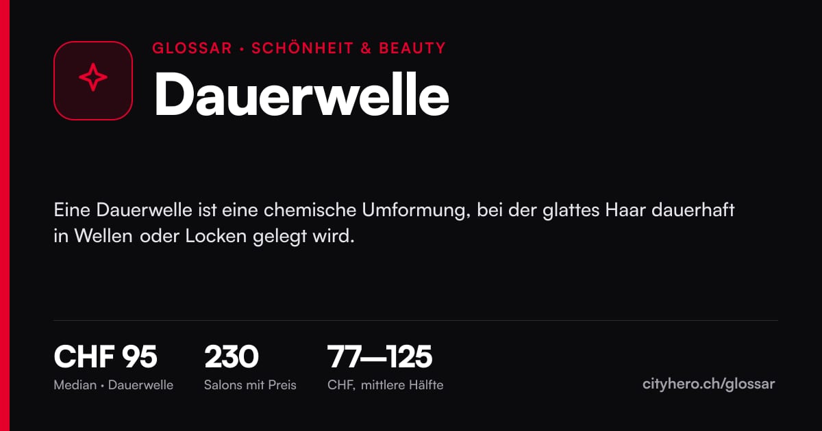 Dauerwelle: Schönheit & Beauty, Median CHF 95 bei 230 Salons – Grafik CityHero Glossar