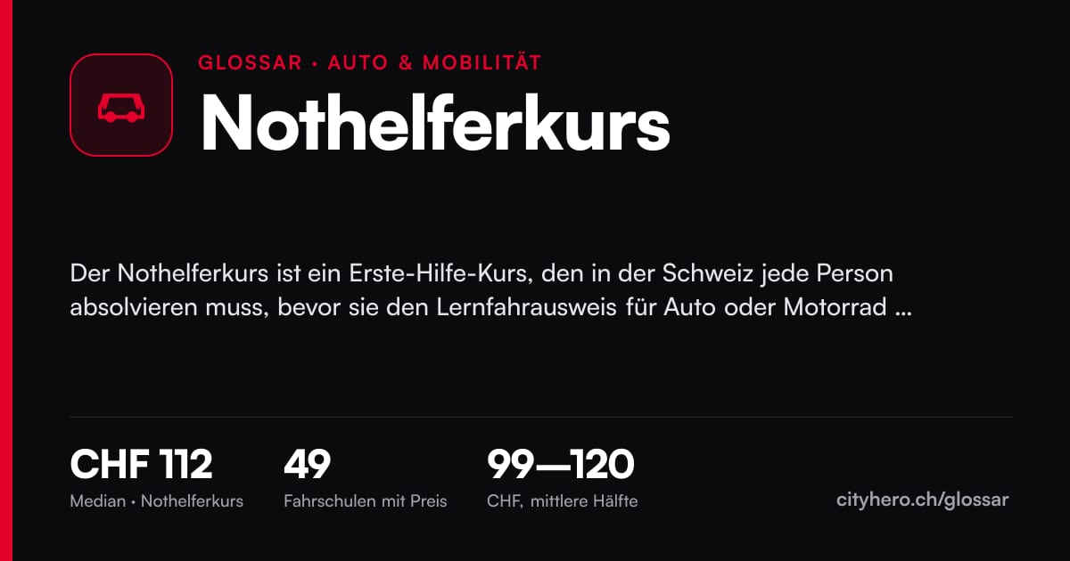 Nothelferkurs: Auto & Mobilität, Median CHF 112 bei 49 Fahrschulen – Grafik CityHero Glossar